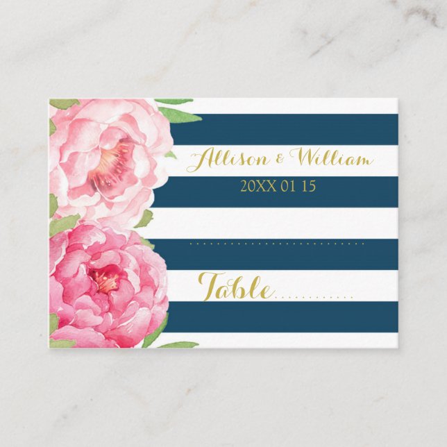 Blue Stripes Pink Floral Table Place Setting Cards (Front)