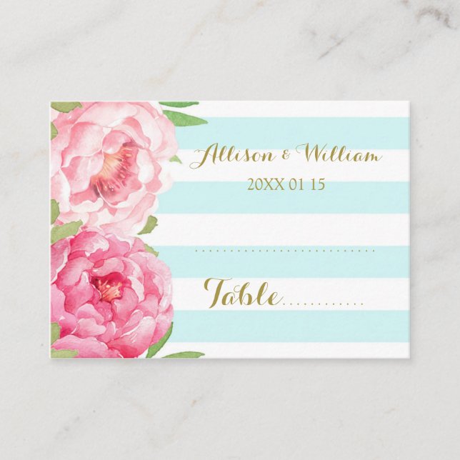 Blue Stripes Pink Floral Table Place Setting Cards (Front)