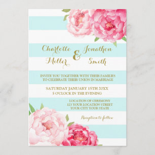 Blue Stripes Pink Flowers Wedding Invitations