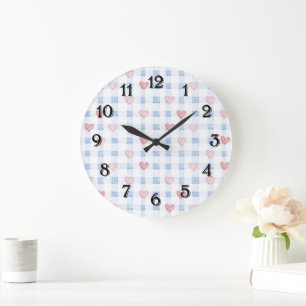 Blue Stripes Pink Hearts Large Clock