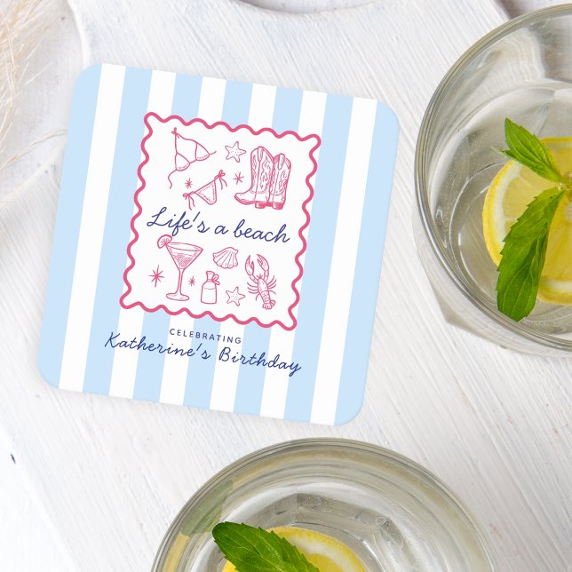 Blue Stripes Pink Summer Favourites Birthday  Square Paper Coaster (Creator Uploaded)