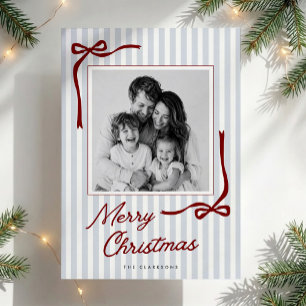 Blue Stripes Red Bows Family Photo Christmas Card