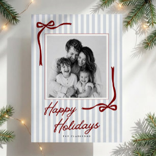 Blue Stripes Red Bows Happy Holidays Photo Card