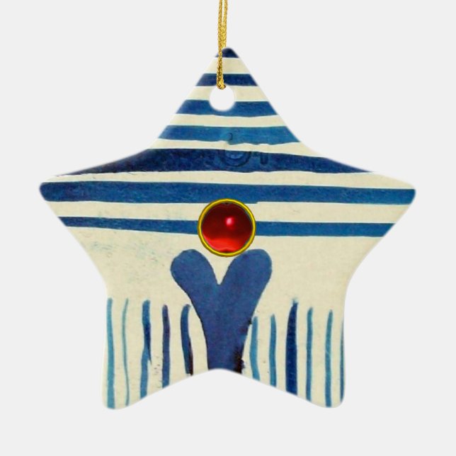BLUE STRIPES & RED RUBY STAR CERAMIC TREE DECORATION (Front)