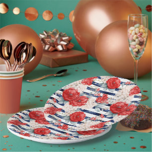 Blue Stripes Red White Floral Birthday Paper Plate