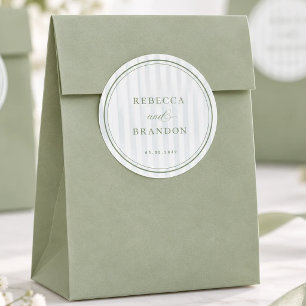 Blue Stripes Sage Green Border Wedding Favour Classic Round Sticker