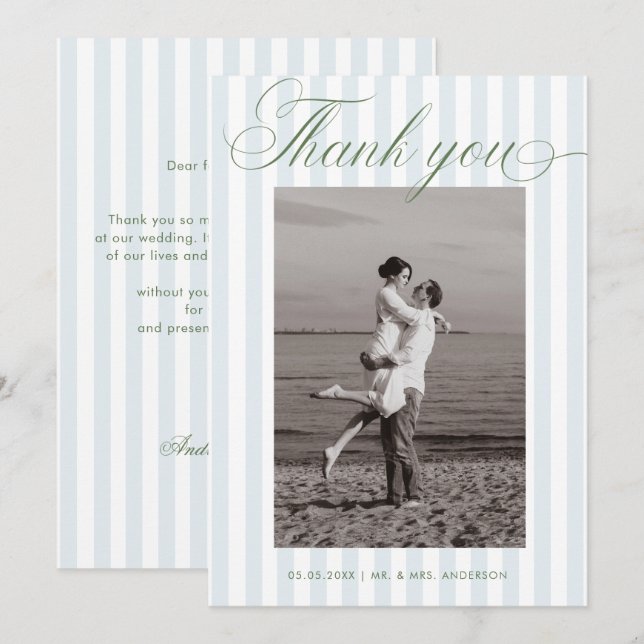 Blue Stripes Sage Green Timeless Script Wedding Thank You Card (Front/Back)