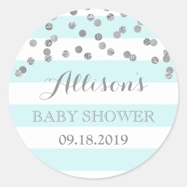 Blue Stripes Silver Confetti Baby Shower Favour Classic Round Sticker (Front)
