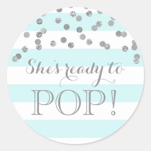 Blue Stripes Silver Confetti She's Ready to Pop Classic Round Sticker