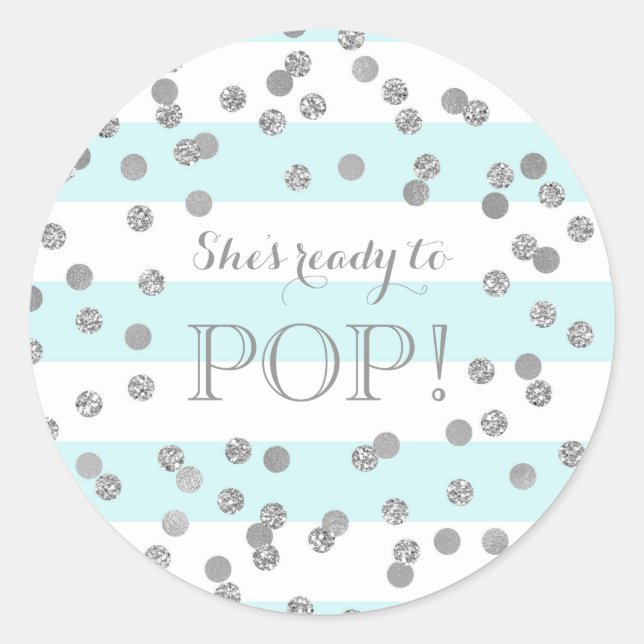 Blue Stripes Silver Confetti She's Ready to Pop Classic Round Sticker (Front)