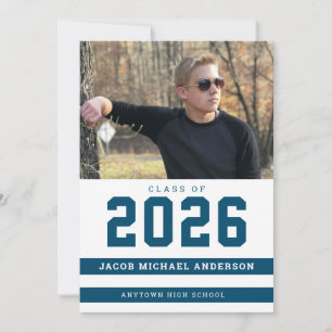 Blue Stripes Sporty Photo Graduation Party Invitation