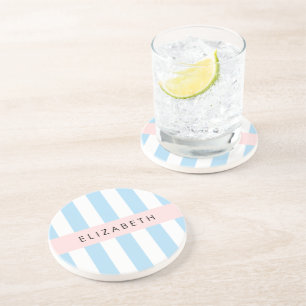 Blue Stripes, Striped Pattern, Lines, Your Name Coaster