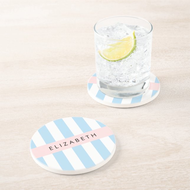 Blue Stripes, Striped Pattern, Lines, Your Name Coaster (Side)
