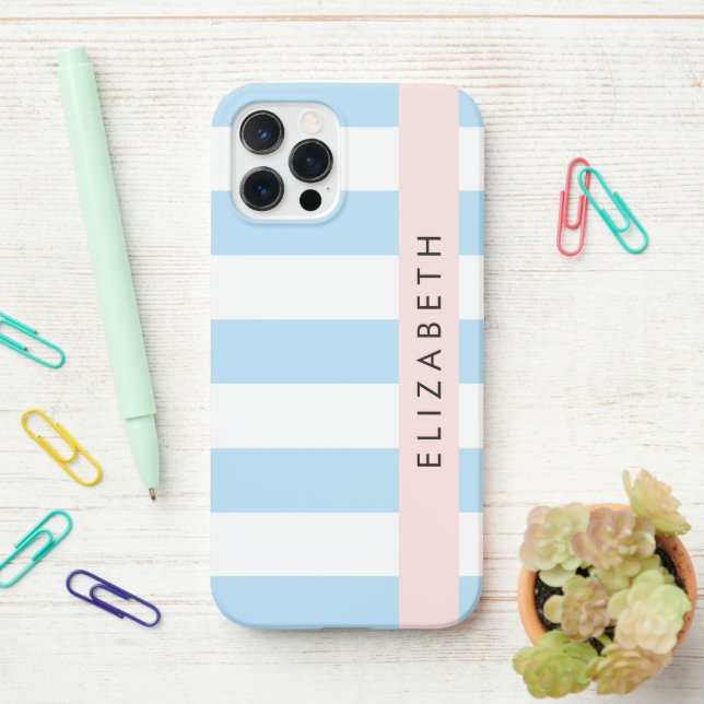 Blue Stripes, Striped Pattern, Lines, Your Name iPhone Case (On Desk)