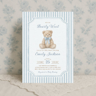 Blue Stripes Teddy Bear Boy Baby Shower Invitation