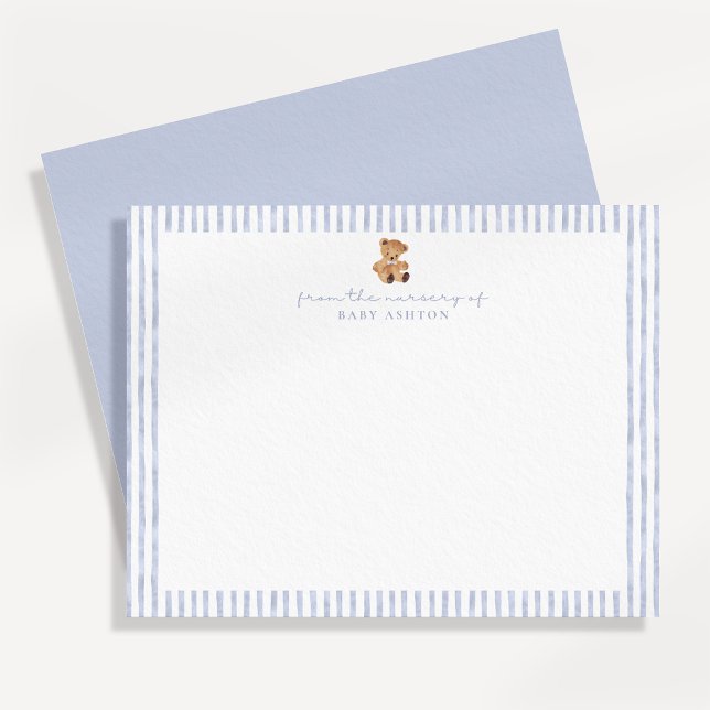 Blue Stripes Teddy Bear Nursery Note Card (Creator Uploaded)
