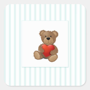 Blue Stripes - Teddy Bear with Valentine Heart Square Sticker