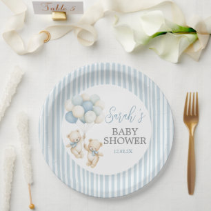 Blue Stripes Twins Bears Baby Shower Paper Plate