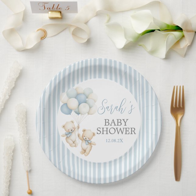 Blue Stripes Twins Bears Baby Shower Paper Plate (Wedding)