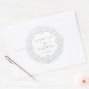 Blue Stripes Vintag White Lace Wedding Classic Round Sticker