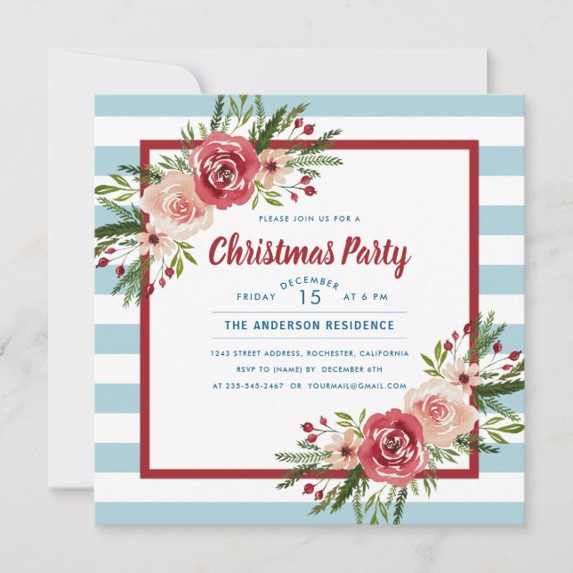 Blue Stripes Watercolor Floral Christmas Party Invitation (Front)