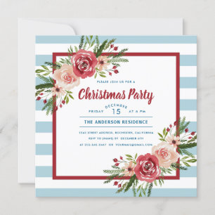 Blue Stripes Watercolor Floral Christmas Party Invitation