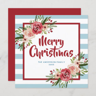 Blue Stripes Watercolor Flowers Christmas Card