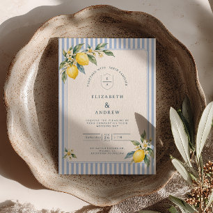 Blue Stripes Watercolor Lemon Italian Wedding Invitation
