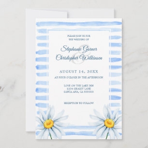 Blue Stripes Watercolor White Flowers Wedding Invitation
