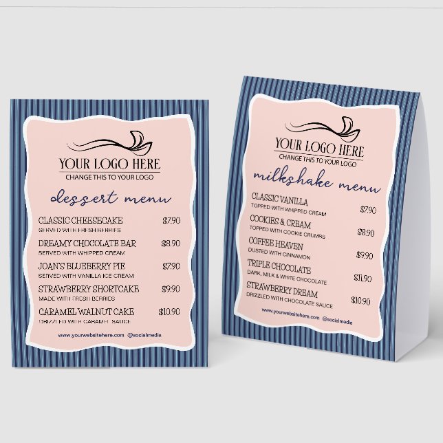 Blue Stripes Wavy Frame Restaurant Café Menu (Front/Back)