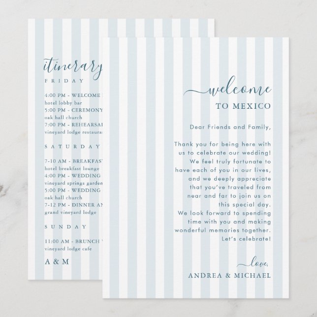 Blue Stripes Wedding Welcome and Itinerary Card (Front/Back)