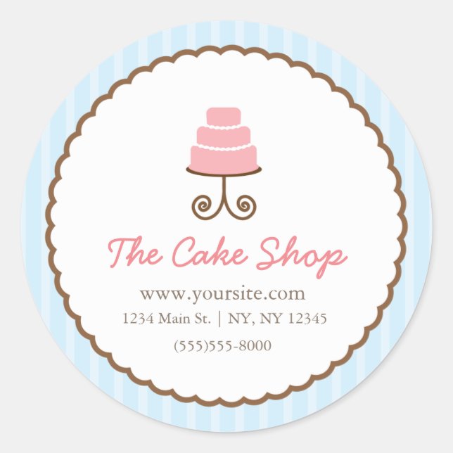 Blue Stripes White Brown Cake Bakery Sticker Label (Front)