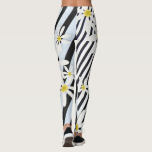 Blue Stripes White Daisy Leggins Leggings