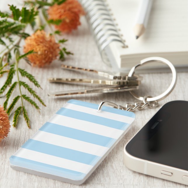 Blue Stripes, White Stripes, Striped Pattern Key Ring (Front Right)