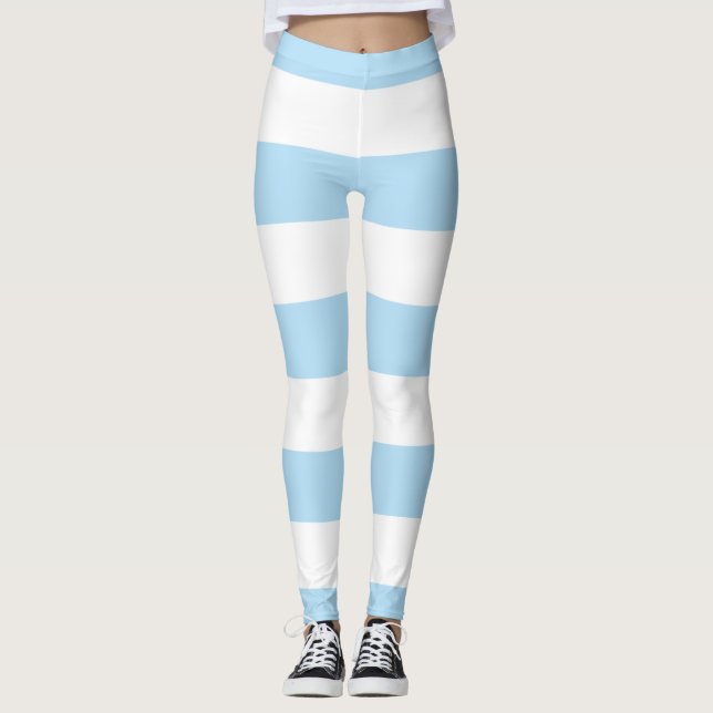 Blue Stripes, White Stripes, Striped Pattern Leggings (Front)