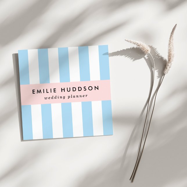Blue Stripes, White Stripes, Striped Pattern Square Business Card (Creator Uploaded)