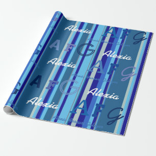 blue stripes with custom name . personalised wrapping paper