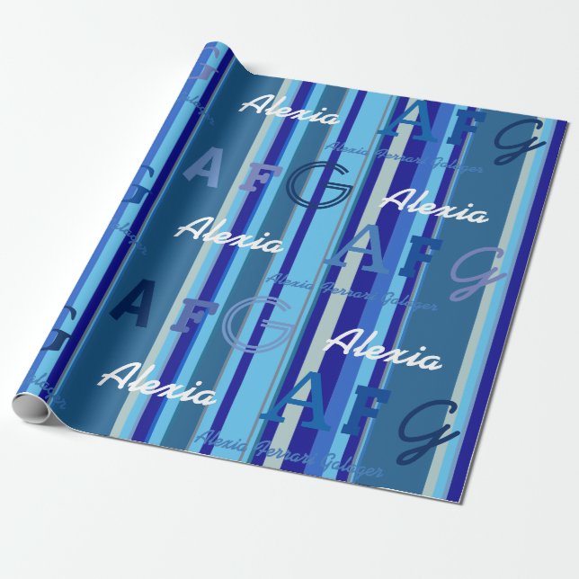blue stripes with custom name . personalised wrapping paper (Unrolled)