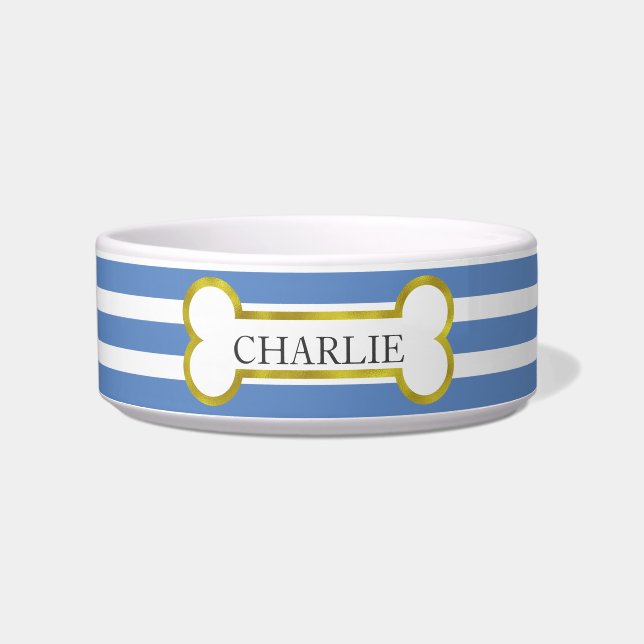 Blue Stripes with Gold Bone Personalised Pet Bowl (Front)