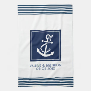 Blue Stripes With White Nautical Boat Anchor Tea Towel