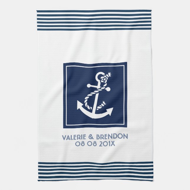 Blue Stripes With White Nautical Boat Anchor Tea Towel (Vertical)
