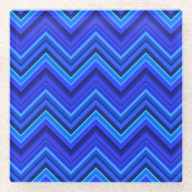 Blue stripes zigzag pattern glass coaster (Front)