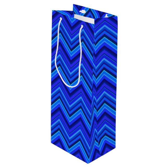 Blue stripes zigzag pattern wine gift bag (Front Angled)