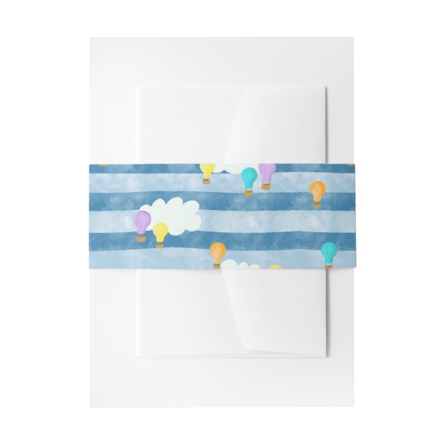 Blue, stripy, hot air balloon and clouds invitation belly band (Front Example)