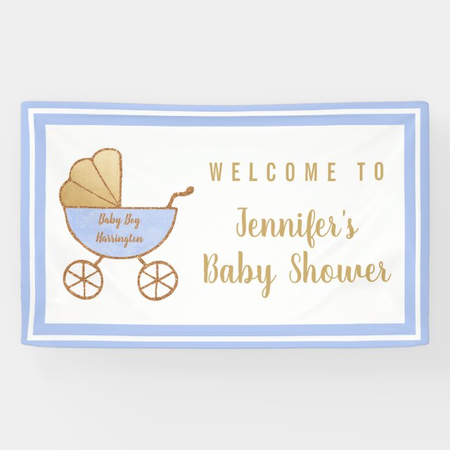 Blue Stroller Baby Boy Shower Welcome Banner (Horizontal)