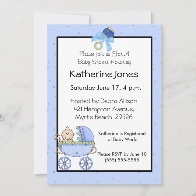 Blue Stroller Baby Shower Invitation (Front)