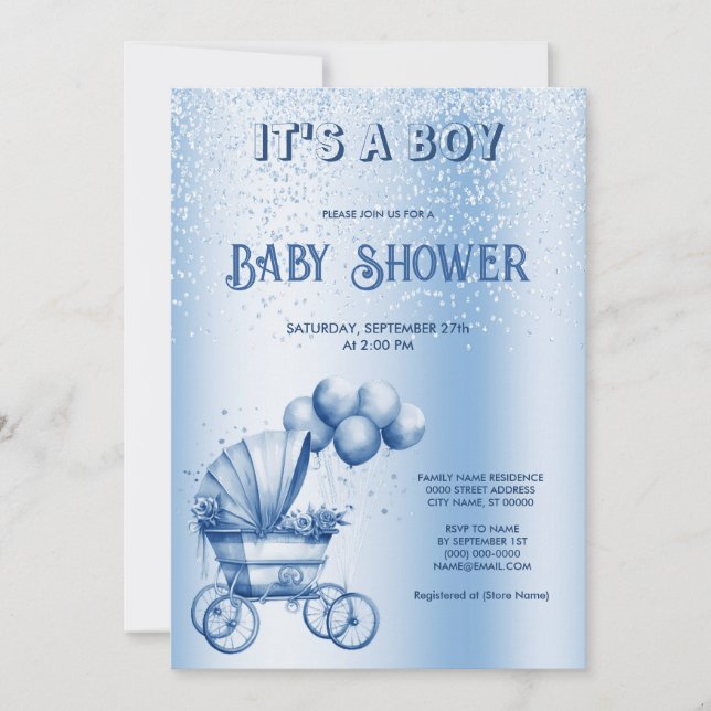 Blue Stroller Baby Shower Invitation (Front)