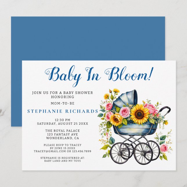 Blue Stroller Floral Baby In Bloom Baby Shower Invitation (Front/Back)