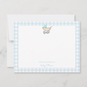 Blue stroller with gingham border baby boy  thank you card