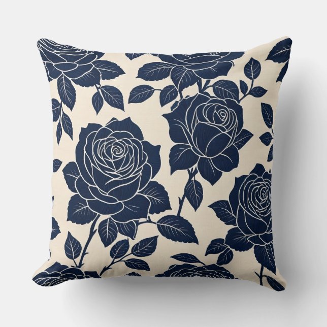 Blue Stylised Roses Cushion (Front)